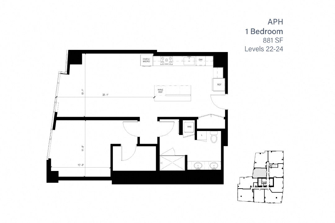Floor plan for 1 bed, 1 bath, 881 sqft